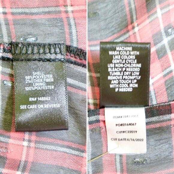 Torrid Size 0 / L Chiffon Lurex Ruched Sleeve Blouse Plaid Red Black - Picture 10 of 10